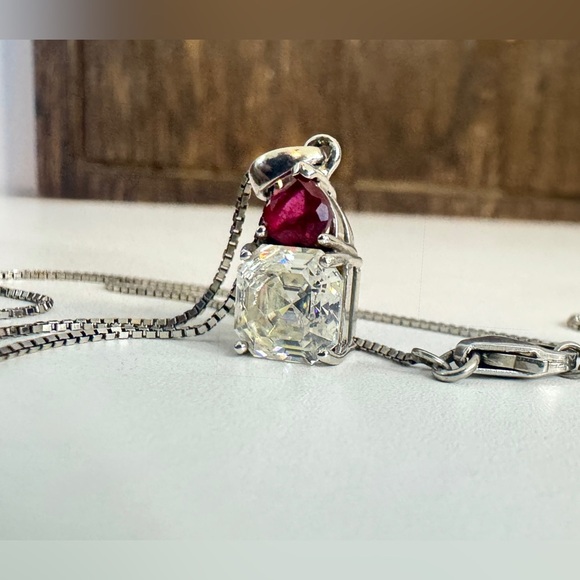 Vintage BBJ Strontium Titanate & Ruby Rhodium Over Sterling Pendant Necklace - Picture 9 of 11
